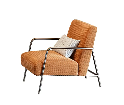 Modern Orange Single Seater Sofa with Quilted Fabric Metal Frame and Textured Pillow 3d model