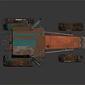 Old Orange And Blue Tractor With Large Worn Tires On Gray Background