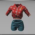 Red Floral Jacket With Colorful Design Striped Cuffs And Blue Pleated Shorts