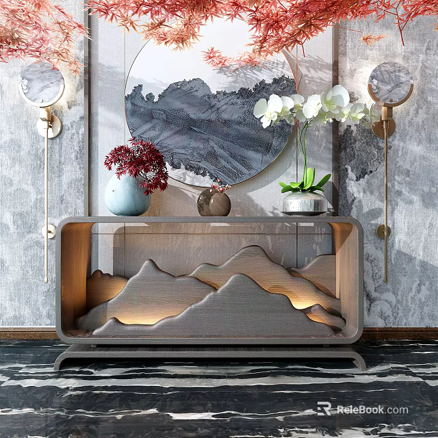 Mountain Shaped Console Table Featuring Circular Landscape Painting White Orchids Red Flowers and Decorative Lighting 3d model 