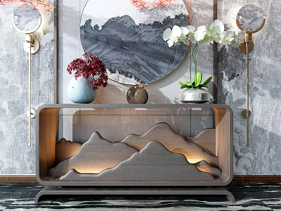Mountain Shaped Console Table Featuring Circular Landscape Painting White Orchids Red Flowers and Decorative Lighting 3d model