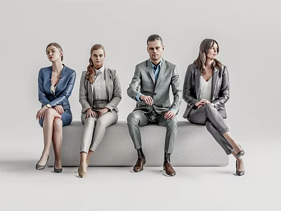 Four Business People Sitting On Bench In Formal Attire With Neutral Background 3d model