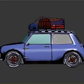 Blue Compact Car With Roof Rack Carrying Red And Blue Luggage Bags And Round Headlights