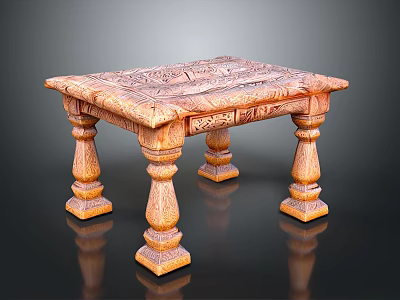 Carved Wooden Table Furniture with Intricate Leg Design and Decorative Surface 3d model