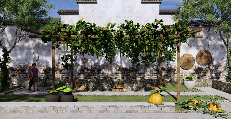 Rural Landscape With Traditional Building Vine Pergola Green Plants And Pumpkin Decoration 3d model 