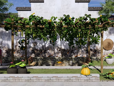 Rural Landscape With Traditional Building Vine Pergola Green Plants And Pumpkin Decoration 3d model
