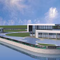 Modern Garden Landscape With Waterfront Green Lawn Curved Pathway And Glass Building