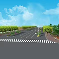 Municipal Road With Green Trees Street Lamps Vehicles Pedestrians And Paved Sidewalks