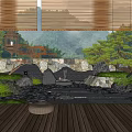 Rockery Stones in Japanese Garden with Wooden Deck Stone Lantern Plants and Mountain View Trees