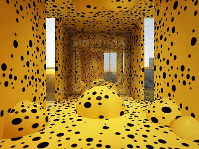 Vibrant Yellow Art Installation Space With Black Dots And Floating Spheres 3d model