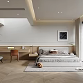 Modern Bedroom Interior Design With Gray Bed Wooden Desk Chair Striped Rug And Wall Art