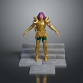 Purple Haired Fantasy Character In Decorated Golden Armor Standing On Gray Steps With Green Pants
