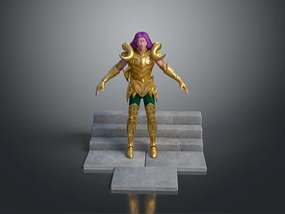 Purple Haired Fantasy Character In Decorated Golden Armor Standing On Gray Steps With Green Pants 3d model