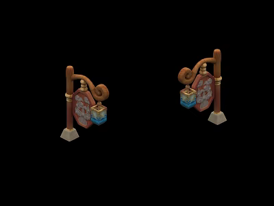Two Traditional Chinese Style Outdoor Lights With Wooden Poles Blue Glass Shades And Square Bases 3d model