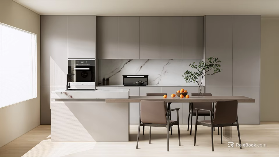 Modern Restaurant Open Concept Kitchen Interior With Island Counter And Cabinets 3d model