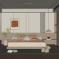 Modern Minimalist Bedroom Decor with Large Bed Decorative Painting Pendant Lamp Rug and Window Seat