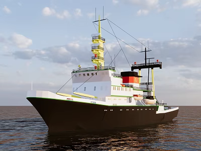 Black and White Ship With Yellow Tower Red Chimney On Sea Under Blue Sky 3d model