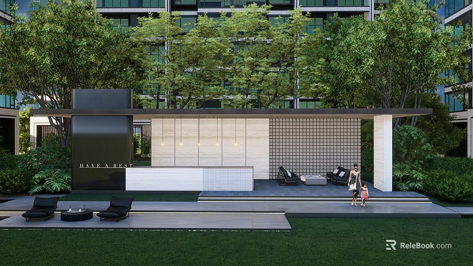 Modern Outdoor Pergola With Green Trees Lawn Lounge Chairs And Residential Building 3d model 