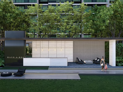 Modern Outdoor Pergola With Green Trees Lawn Lounge Chairs And Residential Building 3d model