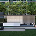 Modern Outdoor Pergola With Green Trees Lawn Lounge Chairs And Residential Building