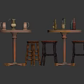 Rustic Indoor Setup Featuring Wooden Round Tables Stools And Decorative Bottles Containers