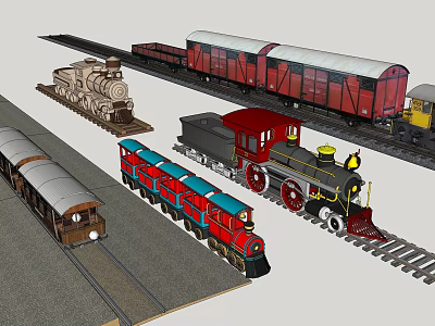 Vintage and Modern Train Models with Steam Locomotives and Freight Cars on Tracks 3d model