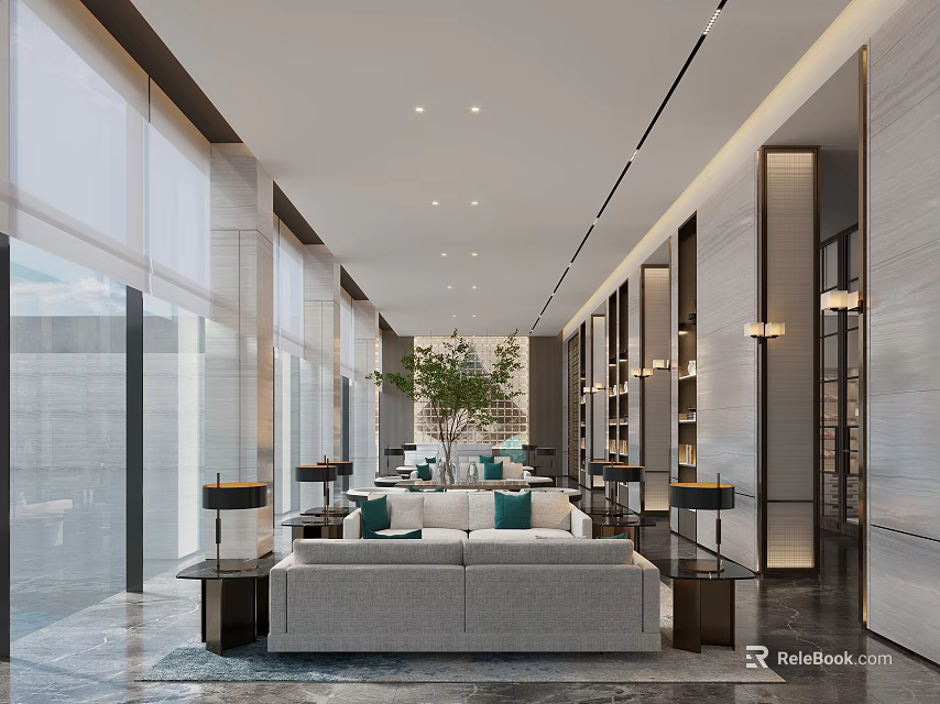 Modern Luxury Lounge Area Interior With Large Windows Sofa Green Plant Bookshelves And Pendant Lights 3d model 