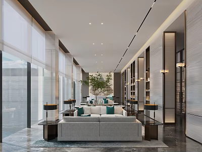 Modern Luxury Lounge Area Interior With Large Windows Sofa Green Plant Bookshelves And Pendant Lights 3d model