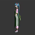 3D Anime Character With Blue Twin Ponytails Green Robe Yellow Stripes And Pink Sleeves