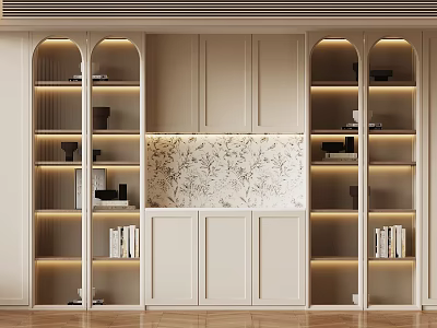 Modern Beige Display Cabinet With Arch Design Lit Shelves And Decorative Pattern Backdrop 3d model