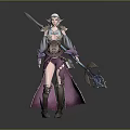 Elegant Female Elf Game And Movie Character With Purple Cloak Silver Spear And Jeweled Armor