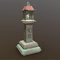 Green Moss Covered Stone Lantern Pillar With Red Roof And Chinese Characters