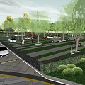 Modern Urban Public Space Featuring Curved Walkways Greenery Trees And Seating Areas