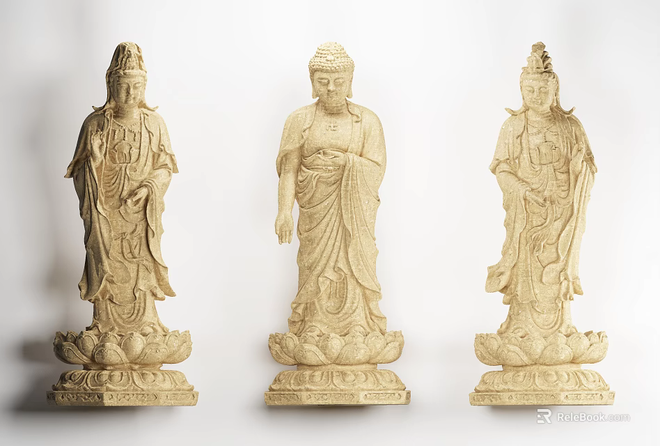 Traditional Sculpture Carvings With Three Standing Figures Intricate Details And Lotus Base Pedestals 3d model 