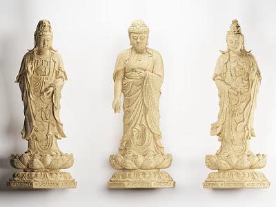 Traditional Sculpture Carvings With Three Standing Figures Intricate Details And Lotus Base Pedestals 3d model