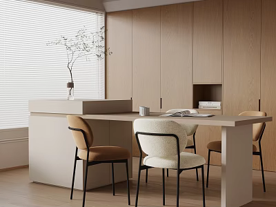 Modern Dining Table Set With Light Wood Tabletop Beige Chairs And Wooden Cabinets 3d model