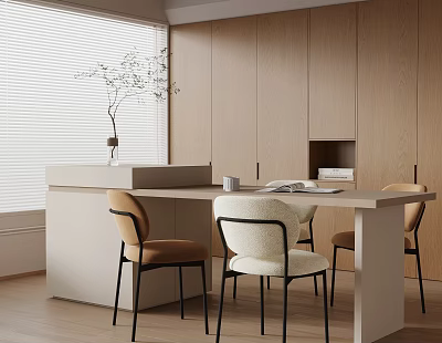 Modern Dining Table Set With Light Wood Tabletop Beige Chairs And Wooden Cabinets 3d model