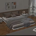 Double Bed with Gray Bedding Pillows Nightstand Table Lamp Decorative Paintings Wooden Floor Green Plant