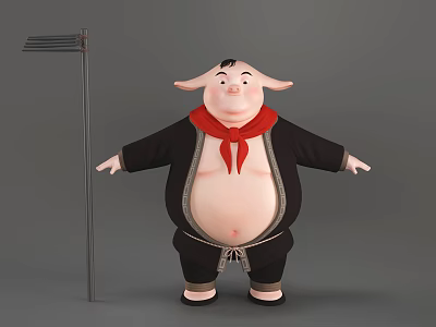 Cartoon Pig Character With Red Scarf Black Outfit Long Staff And Open Arms 3d model