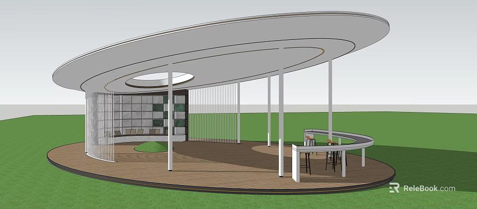 Modern Circular Pergola With White Pillars Wooden Floor And Curved Table Chairs On Green Lawn 3d model 
