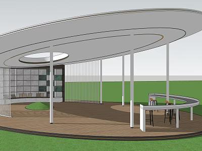 Modern Circular Pergola With White Pillars Wooden Floor And Curved Table Chairs On Green Lawn 3d model