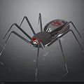 Mechanical Spider With Long Metal Legs Silver Body Red Cross Symbol And Red Eyes