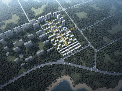 Aerial Planning Of Modern Residential Community With Green Forest Roads And Waterfront 3d model