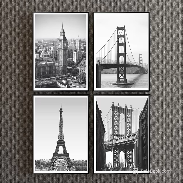 Black and White Landscape Paintings Featuring Big Ben Golden Gate Bridge Eiffel Tower and Bridge 3d model 