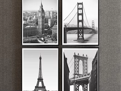 Black and White Landscape Paintings Featuring Big Ben Golden Gate Bridge Eiffel Tower and Bridge 3d model