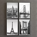 Black and White Landscape Paintings Featuring Big Ben Golden Gate Bridge Eiffel Tower and Bridge