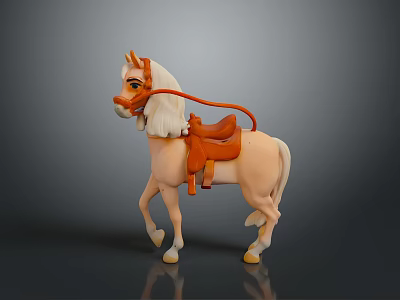 Light Brown Toy Horse Figure With White Mane Tail And Orange Saddle Reins 3d model