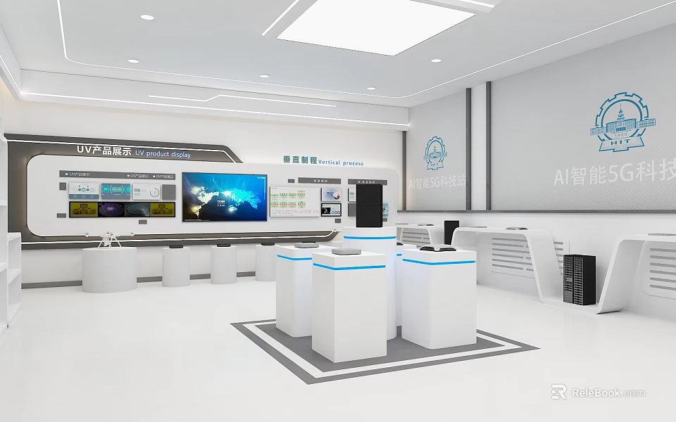 Smart Exhibition Hall Interior With Digital Screens And Display Counters 3d model