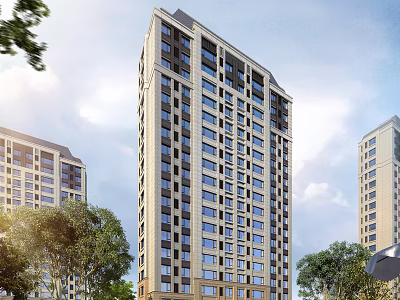Modern High-rise Residential Building Exterior Design With Surrounding Trees Blue Sky And Large Windows 3d model
