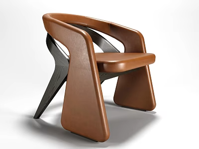 Modern Brown Leather Leisure Chair with Curved Armrests and Unique Leg Design 3d model